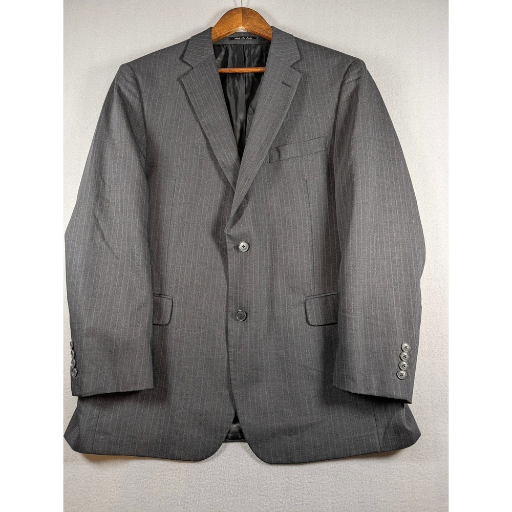 Perry Ellis Portfolio Mens 43R Wool Blazer Grey Light Blue Pinstripe Suit Jacket